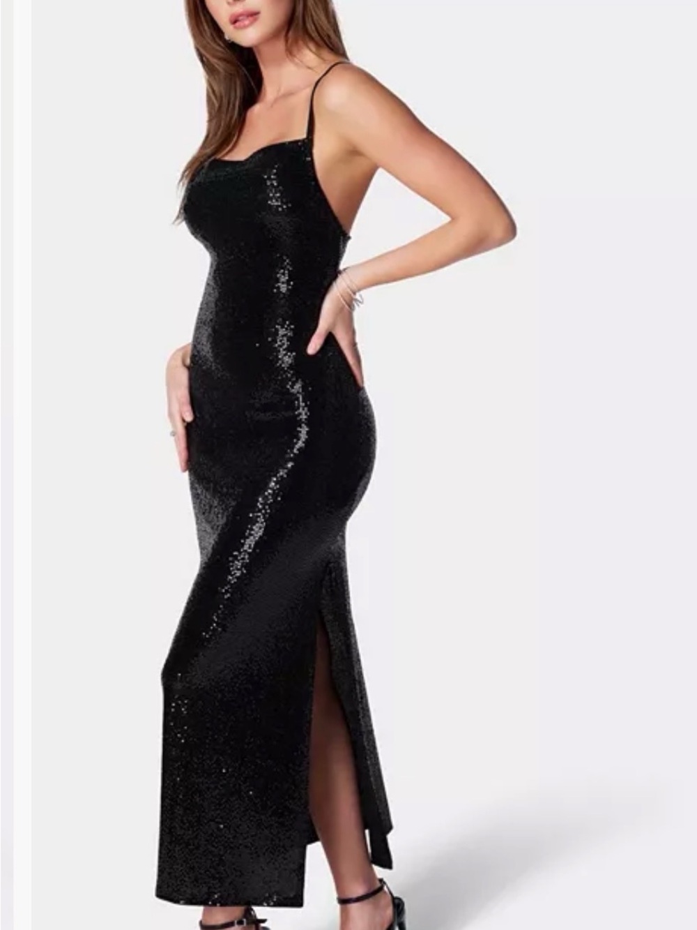 bebe Black Sequin Cowl Neck Maxi Slip Dress